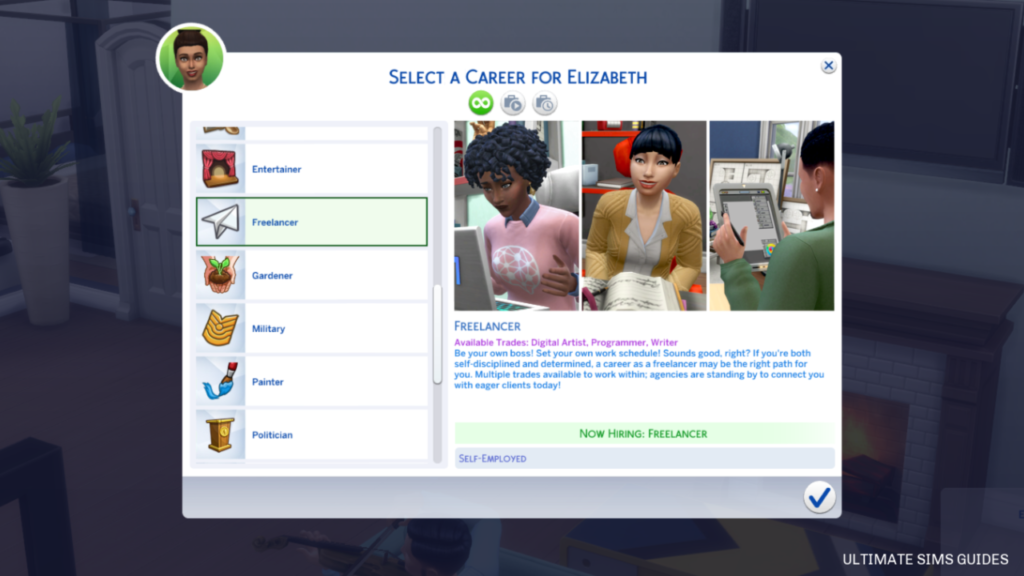 montre visuellement comment obtenir le travail indépendant en utilisant la compétence d'écriture des sims 4