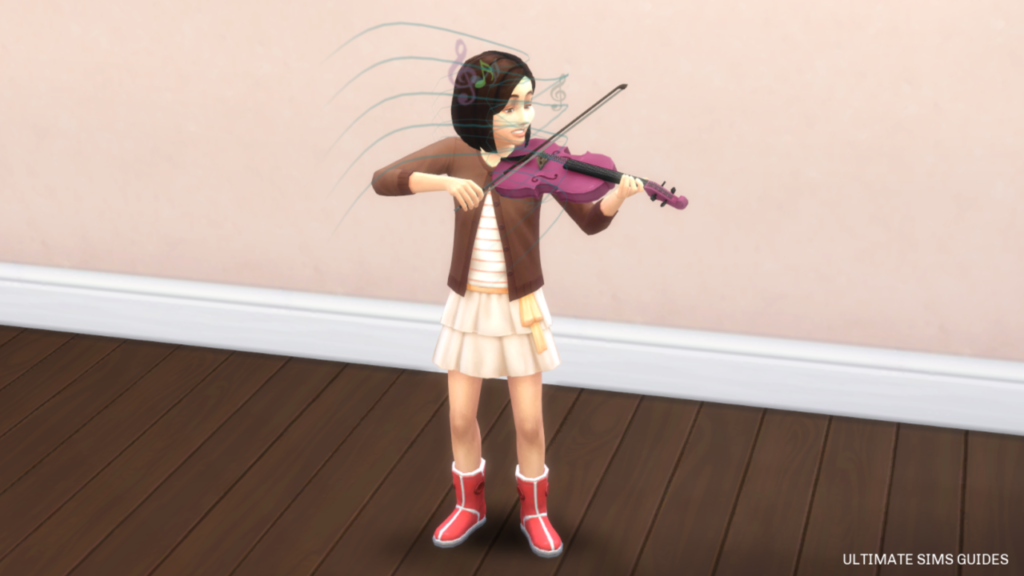 Les Sims 4 : des enfants jouant du violon avec des notes de musique devant leur visage