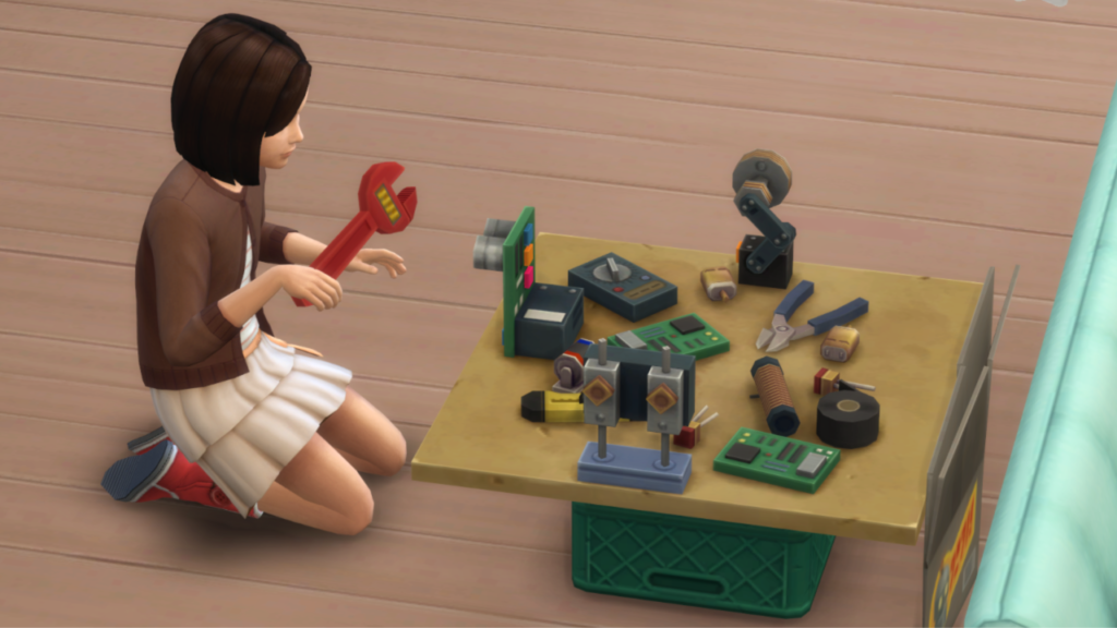 Cette image montre les enfants de The Sims 4 en train de faire leur projet scolaire en tenant une clé