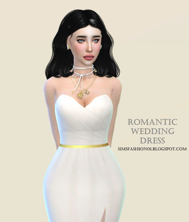 Un sim avec des cheveux noirs portant une robe de mariée avec un décolleté en cœur et une ceinture en or.