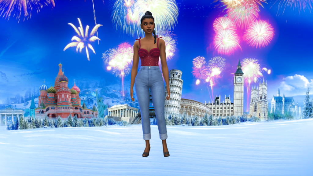 Un Sim portant un jean taille haute bleu et un body corset rouge avec les cheveux tressés. Ce Sim se tient devant des bâtiments emblématiques avec des feux d'artifice se déroulant au-dessus d'eux en tant qu'arrière-plan du CAS des Sims 4.