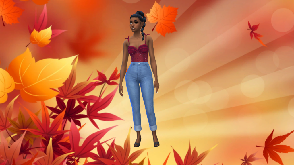 Un sim en jeans taille haute bleu et un body corset rouge avec les cheveux tressés. Ce sim se tient devant un faisceau de lumière entouré de feuilles d'automne.