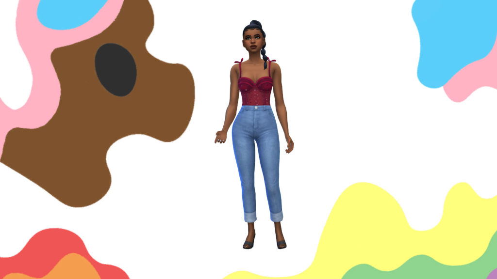 Un sim en jeans taille haute bleu et un body corset rouge avec les cheveux en tresse. Ce sim se tient devant un arrière-plan CAS avec des taches de différentes couleurs de fierté sur les bords.