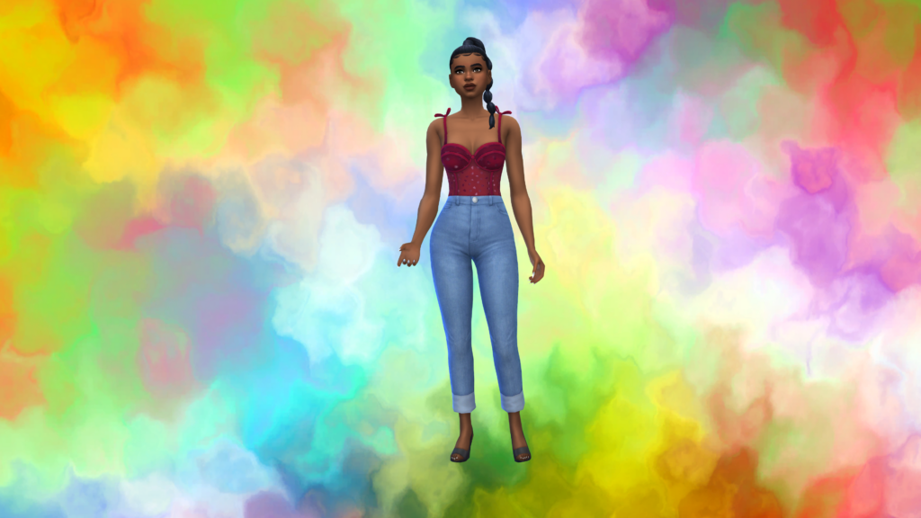 Un Sim portant un jean taille haute bleu et un corset rouge, avec les cheveux tressés. Ce Sim se tient devant un arrière-plan CAS en tie-dye arc-en-ciel.