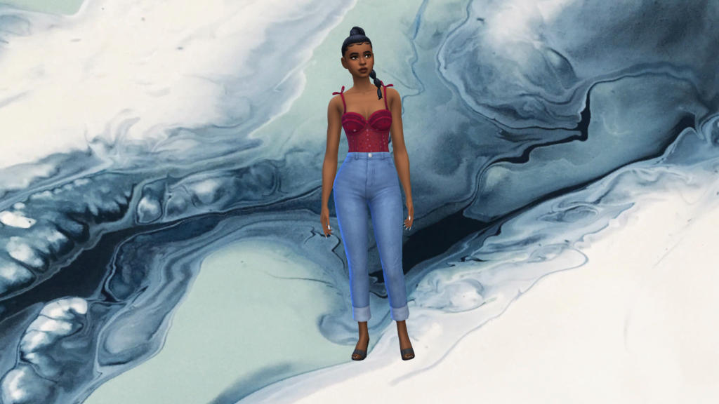 Un sim en jean taille haute bleu et un body corset rouge avec les cheveux tressés. Ce sim est debout sur un fond d'écran sims 4 qui est en marbre bleu et blanc.