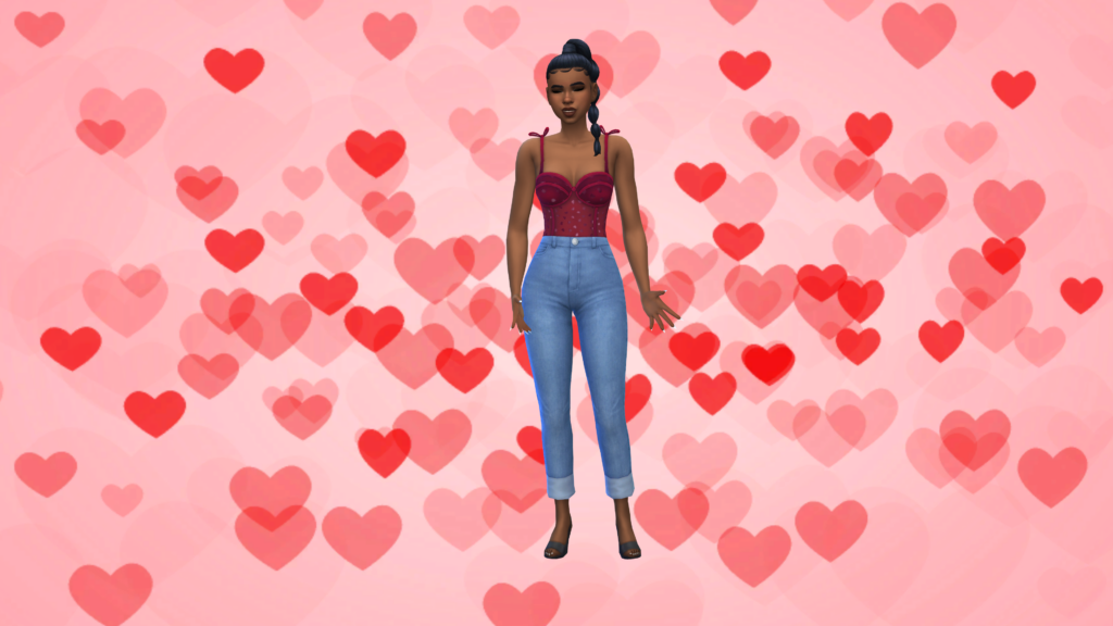 Un sim avec un jean taille haute bleu et un body corset rouge, les cheveux tressés. Derrière ce sim se trouve un arrière-plan du CAS rose vif avec des cœurs rouges à différents niveaux de transparence.