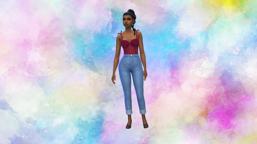 Un sim avec un jean taille haute bleu et un body corset rouge, les cheveux en tresse. Derrière ce sim se trouvent des taches d'aquarelle.