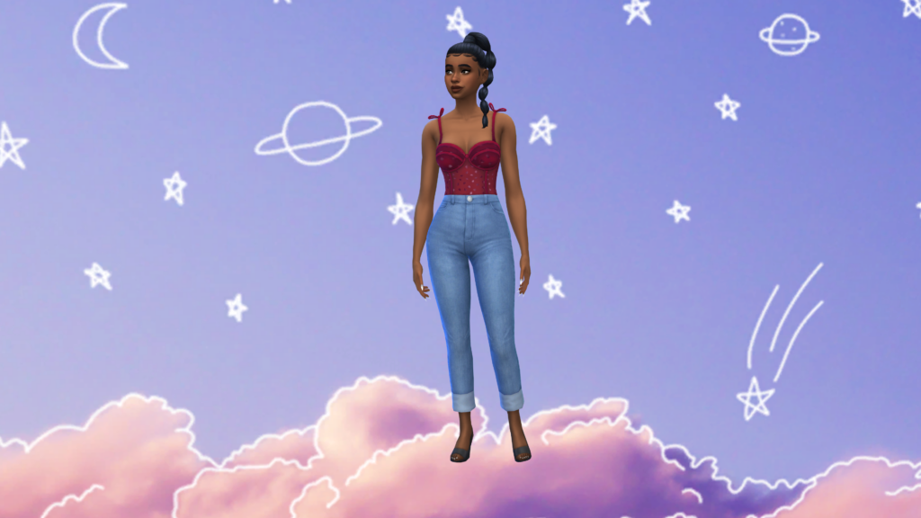 Un sim en jeans taille haute bleu et un body corset rouge avec les cheveux en tresse. Derrière ce sim se trouve un fond d'écran CAS violet avec des étoiles et des planètes dessinées en blanc et un nuage rose sous leurs pieds.