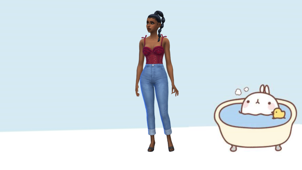Un sim en jean taille haute bleu et un body corset rouge avec les cheveux tressés. Ce sim se tient sur un fond avec un sol blanc, du bleu derrière eux et une baignoire de style Kawaii sur le côté.