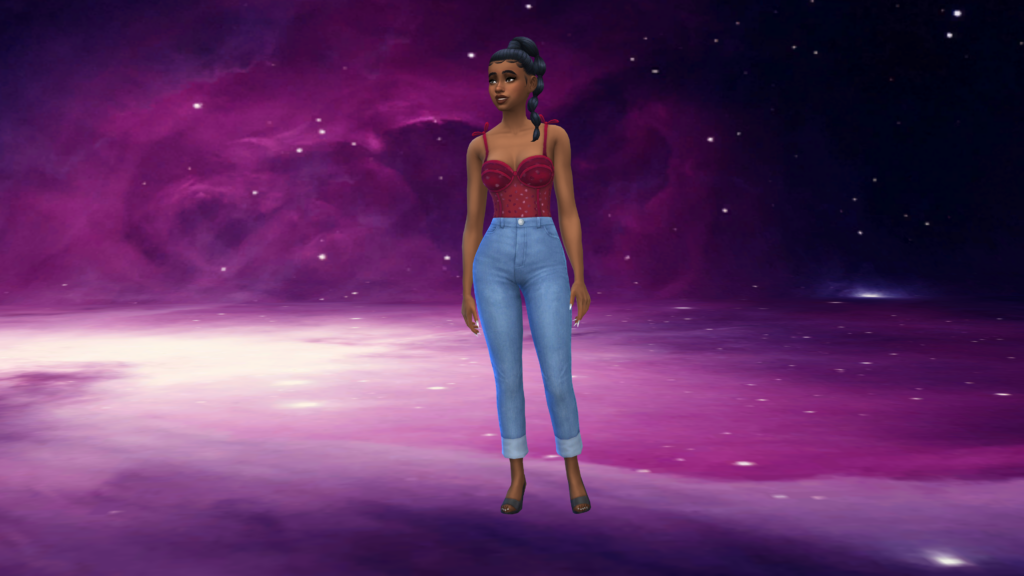 Un sim en jean taille haute bleu et en body corset rouge avec les cheveux tressés. Ce sim semble être dans la galaxie avec une scène galactique violette et blanche derrière lui.