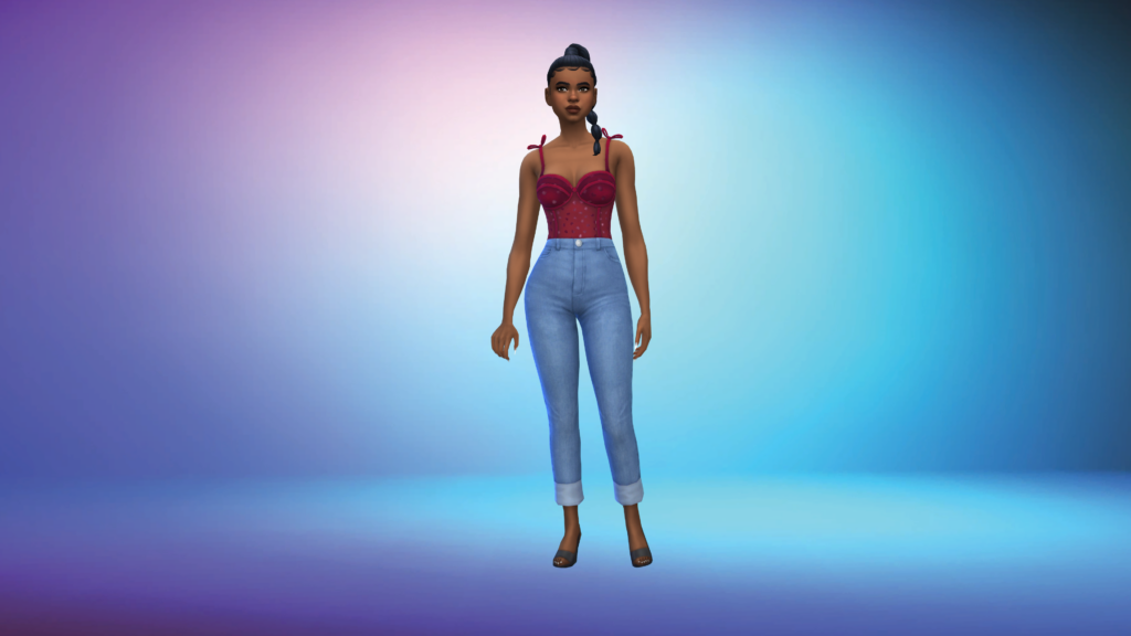 Un sim en jeans taille haute bleus et un body corset rouge avec les cheveux en tresse. Le sim est debout avec les bras le long du corps sur un arrière-plan en dégradé du violet clair au bleu au bleu foncé.
