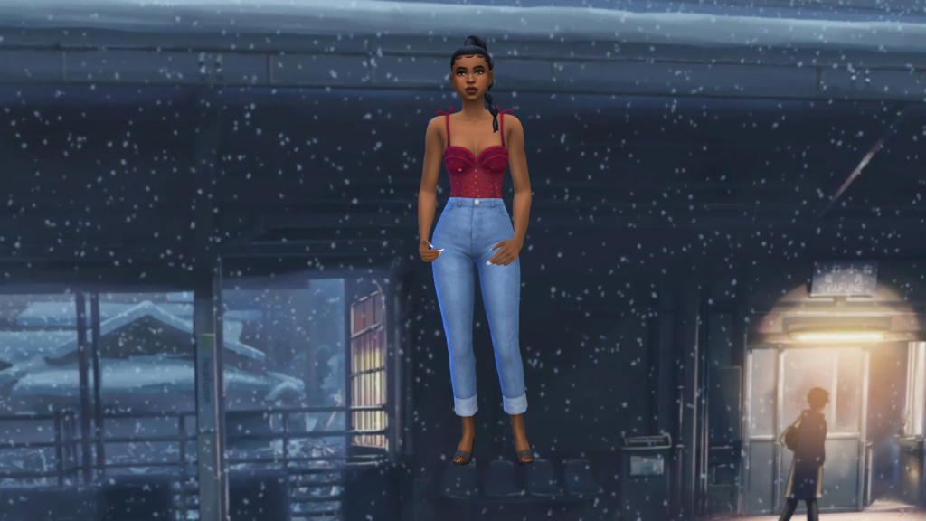 Un Sim en jeans taille haute bleu et en corset rouge, avec les cheveux tressés. Derrière ce Sim se trouve une scène d'anime hivernale avec une fenêtre et une porte.