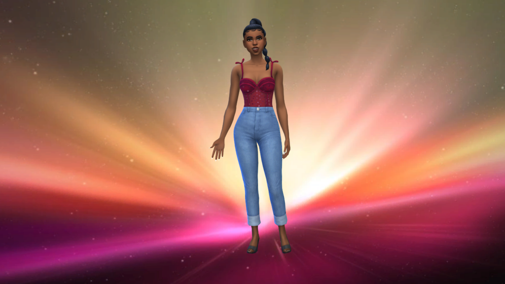 Un sim en jeans taille haute bleu et en body corset rouge avec les cheveux en tresse. Derrière ce sim se trouve une explosion de lumière qui apparaît en orange et violet.