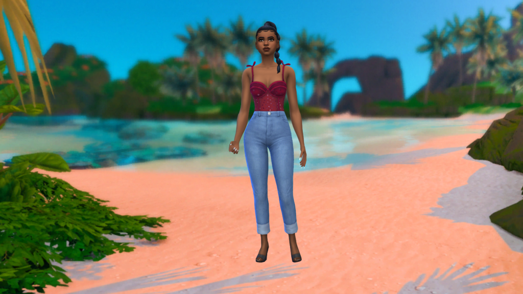 Un sim en jean taille haute bleu et en corset rouge, avec les cheveux tressés. L'arrière-plan CAS pour ce personnage provient du monde Sulani des Sims 4.