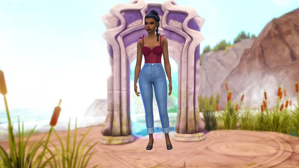 Un sim en jeans taille haute bleu et en body corset rouge avec les cheveux tressés. Ce sim se tient devant le portail magique du Royaume de la Magie des Sims 4 en tant qu'arrière-plan CAS.