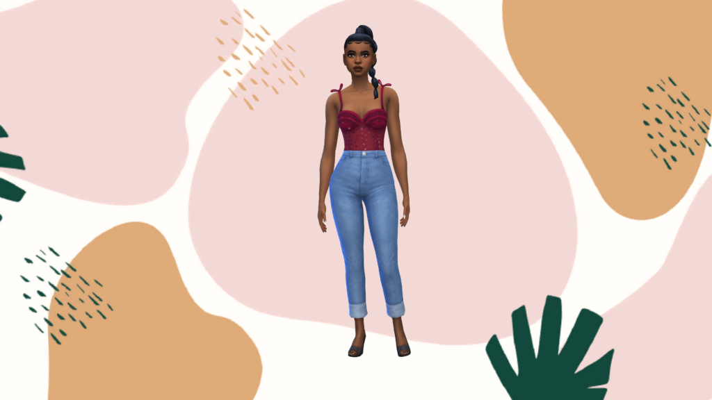 Un Sim en jean taille haute bleu et un body corset rouge avec les cheveux tressés. Derrière ce Sim se trouve une image fixe de taches bleues et brunes et de feuilles de palmier.