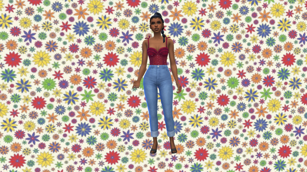 Un Sim avec un jean taille haute bleu et un body corset rouge avec les cheveux tressés. Le fond d'écran CAS derrière ce Sim est un motif de fleurs rétro de différentes couleurs.