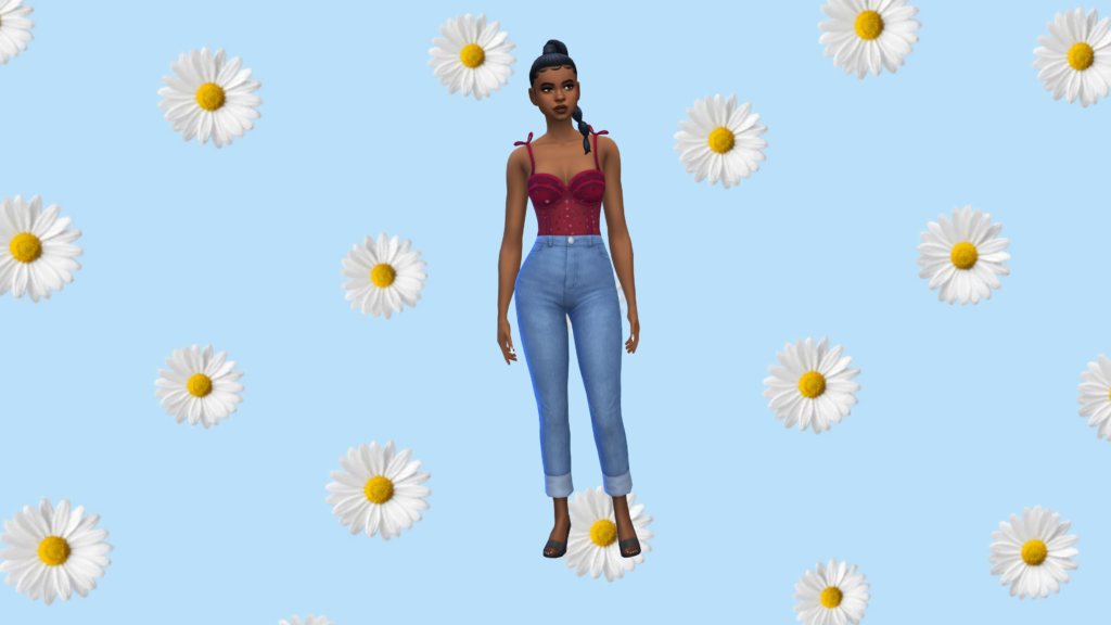 Un Sim en jean taille haute bleu et un body corset rouge avec les cheveux tressés. L'arrière-plan CAS derrière ce personnage de Sims 4 est un fond bleu avec des marguerites blanches.