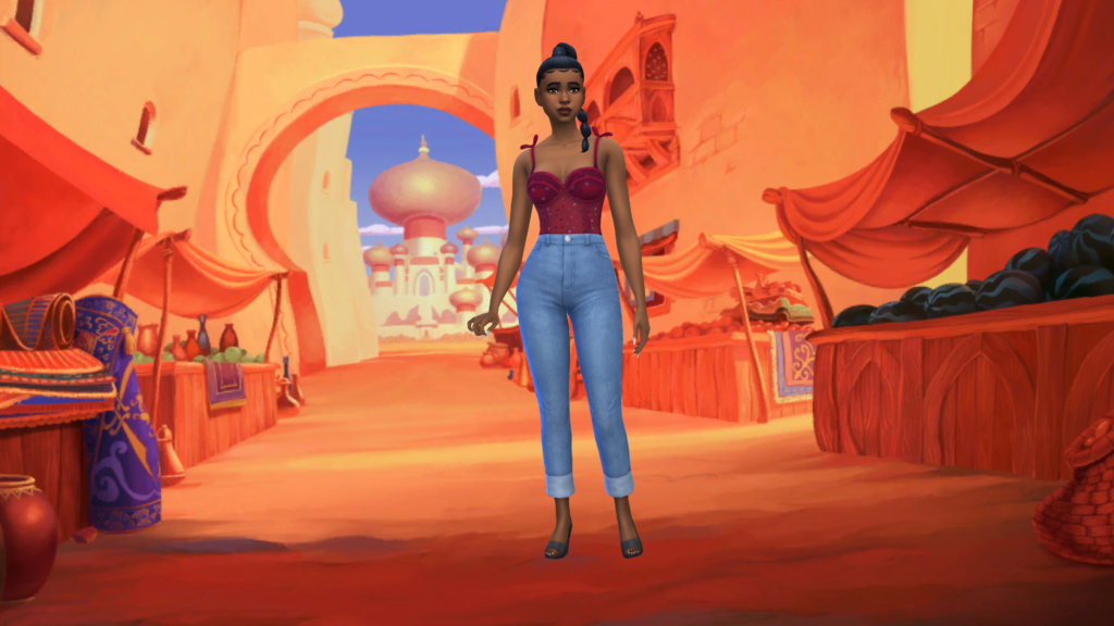 Un sim en jean taille haute bleu et un corset rouge avec les cheveux tressés. Ce sim est debout dans Aladdin.
