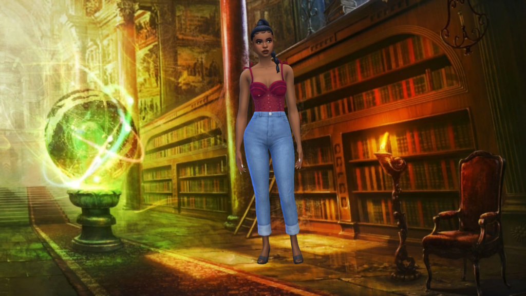 Un sim avec un jean taille haute bleu et un corset rouge avec les cheveux tressés. Ce sim se tient dans une bibliothèque magique.