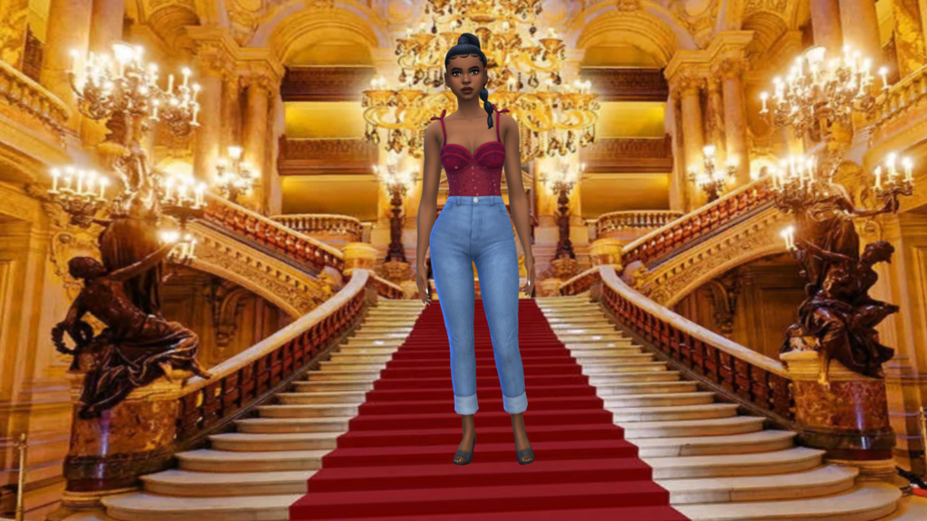 Un sim en jean taille haute bleu et un body corset rouge avec les cheveux tressés. Ce sim est debout sur un escalier royal de La Belle et la Bête.