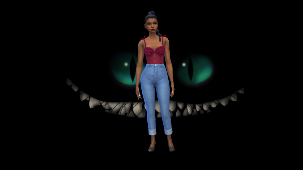 Un sim en jeans taille haute bleu et un body corset rouge avec les cheveux tressés. Le sim est debout sur un fond noir foncé avec le visage du chat du cheshire.