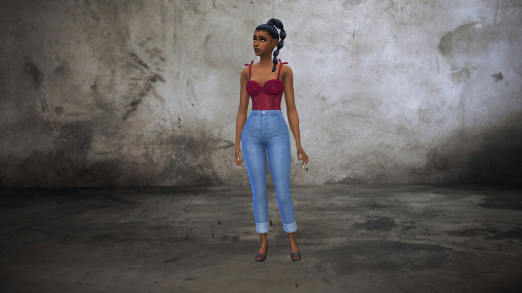 Un sim en jean taille haute bleu et en body corset rouge avec les cheveux tressés. Ce sim se tient dans une ruelle sombre avec un mur sale et un sol grunge.
