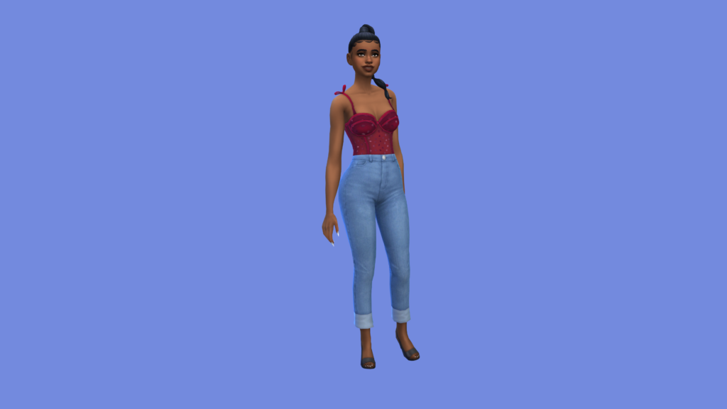 Un sim en jean taille haute bleu et un body corset rouge avec les cheveux en tresse. Ce sim se tient sur un fond bleu Discord.
