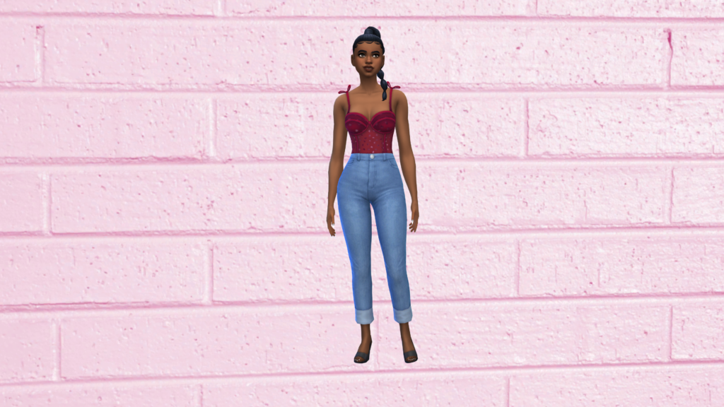 Un sim en jeans taille haute bleu et un body corset rouge avec les cheveux tressés. Le fond d'écran CAS pour ce personnage des Sims 4 est un fond d'écran en briques roses.