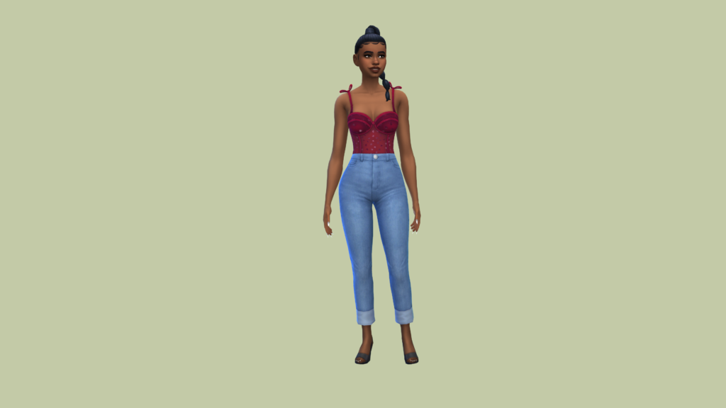 Un sim dans un jean taille haute bleu et un body corset rouge avec les cheveux tressés. Ce sim est sur un fond vert olive.