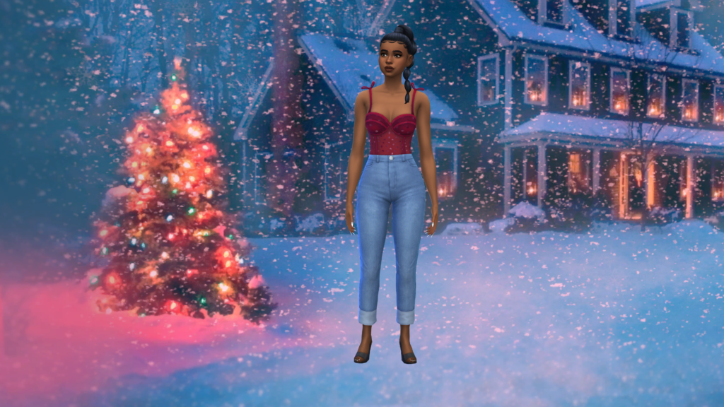 Un sim en jeans taille haute bleu et un body corset rouge avec les cheveux en tresse. Ce sim se tient devant une maison où il y a un sapin de Noël et beaucoup de neige.