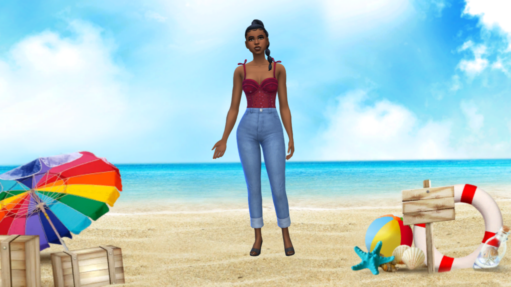 Un Sim avec un jean taille haute bleu et un body corset rouge avec les cheveux en tresse. Ce personnage des Sims 4 se tient sur une plage qui est un arrière-plan CAS.