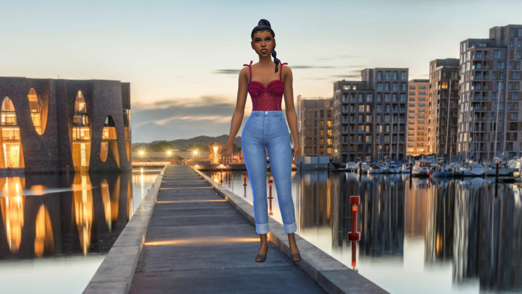 Un sim en jeans taille haute bleu et un body corset rouge avec les cheveux tressés. Le fond d'écran du CAS pour ce sim des Sims 4 est une ville en Norvège et le sim est debout sur un quai.