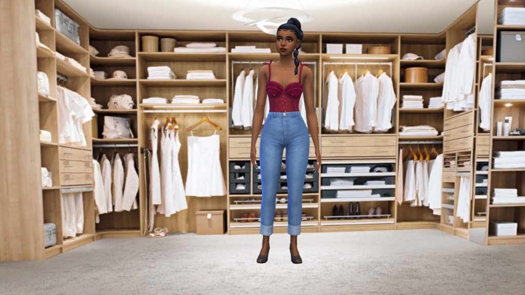 Un sim en jean taille haute bleu et en corset bodysuit rouge avec les cheveux tressés. Ce sim se tient dans un placard rempli de vêtements blancs.