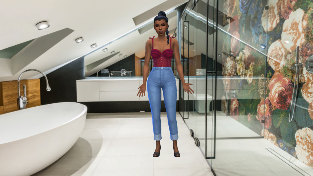 Un sim en jeans taille haute bleus et un corset bodysuit rouge avec les cheveux tressés. Ce sim se tient dans une salle de bain avec une grande baignoire blanche et une douche en verre avec des bordures noires.