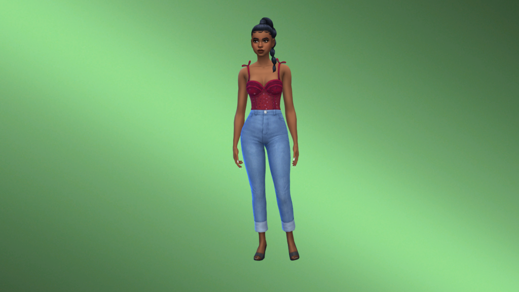 Un sim en jeans taille haute bleus et un bodysuit corset rouge avec les cheveux tressés. Ce sim se tient sur un arrière-plan CAS vert avec une bande de lumière plus claire allant en diagonale du coin supérieur gauche au coin inférieur droit.