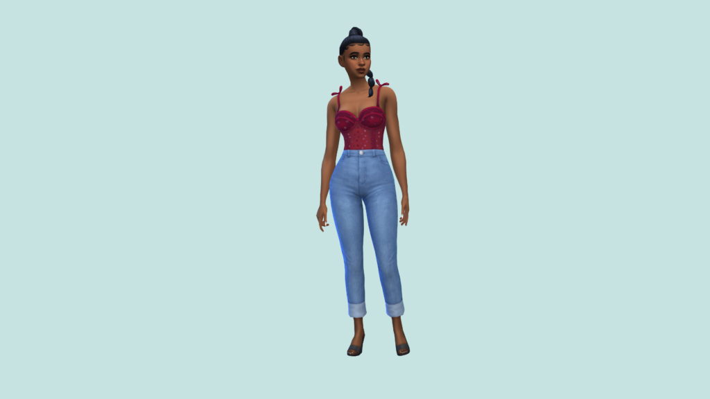 Un Sim en jeans taille haute bleu et en corset rouge avec les cheveux tressés. Le personnage des Sims 4 est debout sur un fond bleu clair, presque gris.