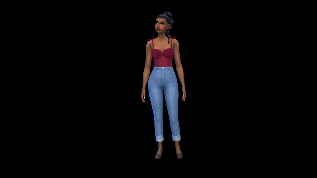 Un sim avec un jean taille haute bleu et un body corset rouge avec les cheveux tressés. Ce sim se tient sur un fond complètement noir pour les cas des Sims 4.