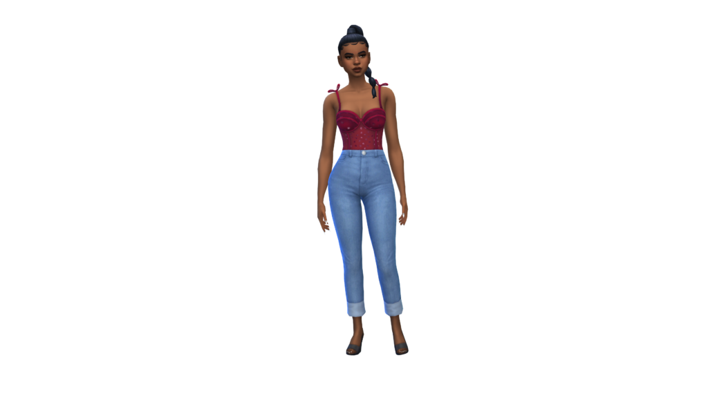 Un sim en jeans bleu taille haute et en corset rouge, avec les cheveux tressés. Ce sim est sur un fond blanc lumineux.