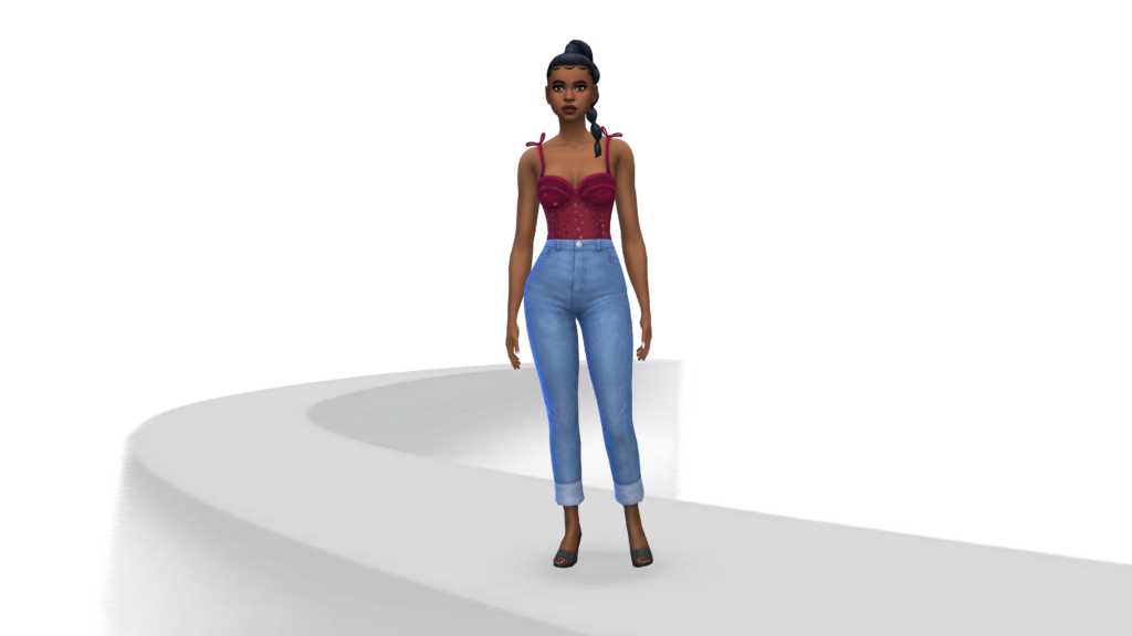 Un sim portant un jean taille haute bleu et un corset rouge avec les cheveux tressés. Ce sim se trouve dans une pièce blanche avec un podium gris arrondi au milieu sur lequel il se tient.