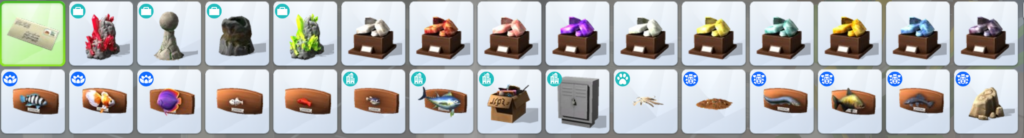 Une sélection d'objets qui apparaissent dans le menu de triche de débogage des Sims 4.