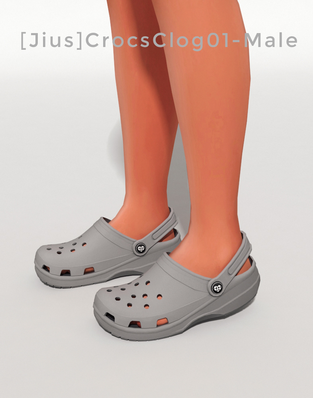 Deux jambes dans Les Sims 4 avec des crocs gris avec des cœurs blancs