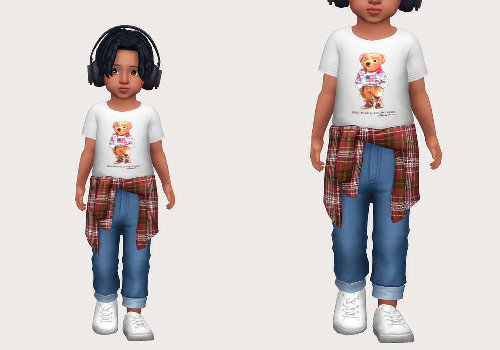 Une option vraiment cool pour vos tenues CC pour bambins Sims 4 avec un t-shirt graphique, une chemise à carreaux nouée autour de la taille et un jean bleu