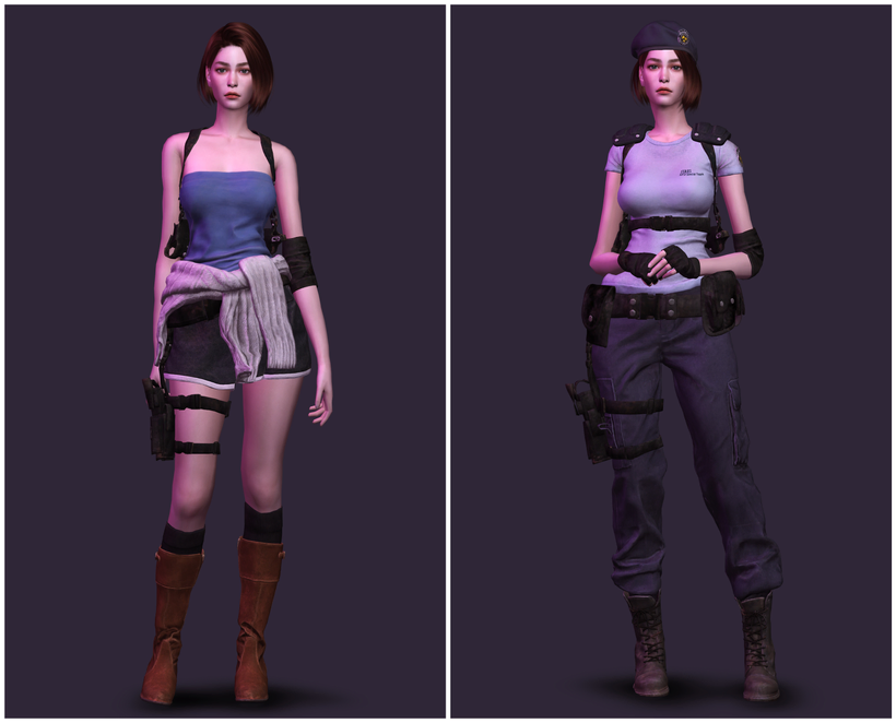 Deux personnages féminins de Les Sims 4 portant des costumes d'Halloween de Resident Evil.