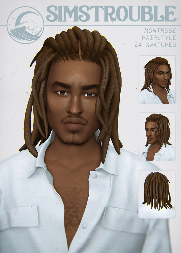 Un sim masculin de The Sims 4 qui a des dreads cc comme cheveux et porte une chemise blanche.