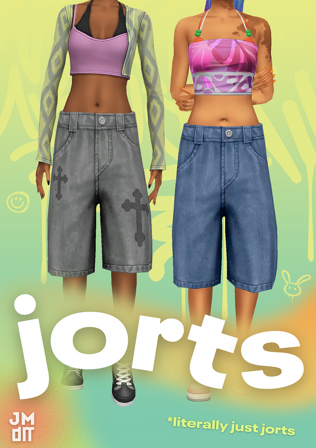 Deux personnages des Sims 4 avec leur tête coupée de l'image. Ils portent tous deux un short en jean ample.