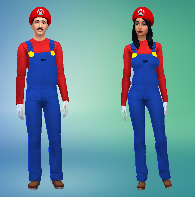 Deux sims debout dans des costumes d'Halloween assortis, ils sont habillés comme Mario