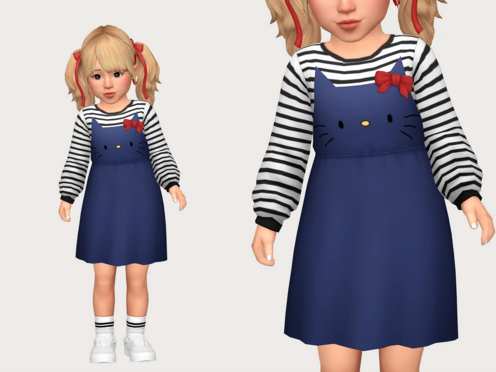 Une Sim avec des cheveux blonds portant un pull rayé noir et blanc, par-dessus il y a une robe où le haut ressemble à un chat.