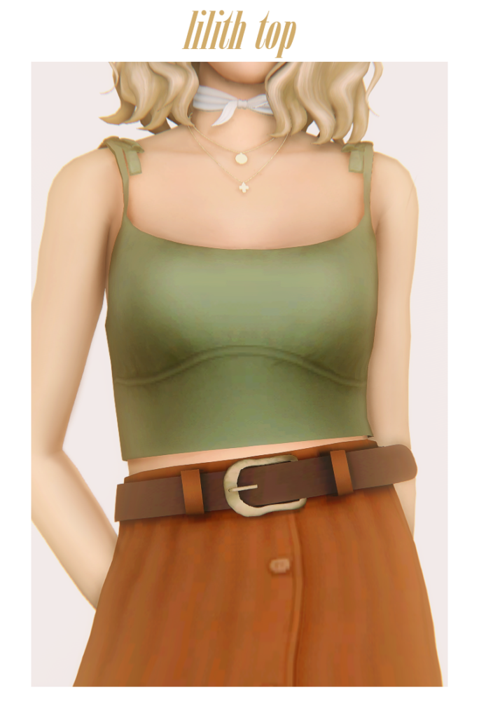 Un Sim portant un débardeur vraiment mignon d'une belle couleur vert olive. Le débardeur a des rubans attachés en nœuds sur l'épaule et est court.
