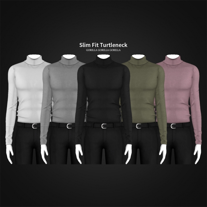 Cinq mannequins sans tête portant tous un pantalon noir avec une ceinture noire. Ils portent tous le même pull à col roulé de différentes couleurs.
